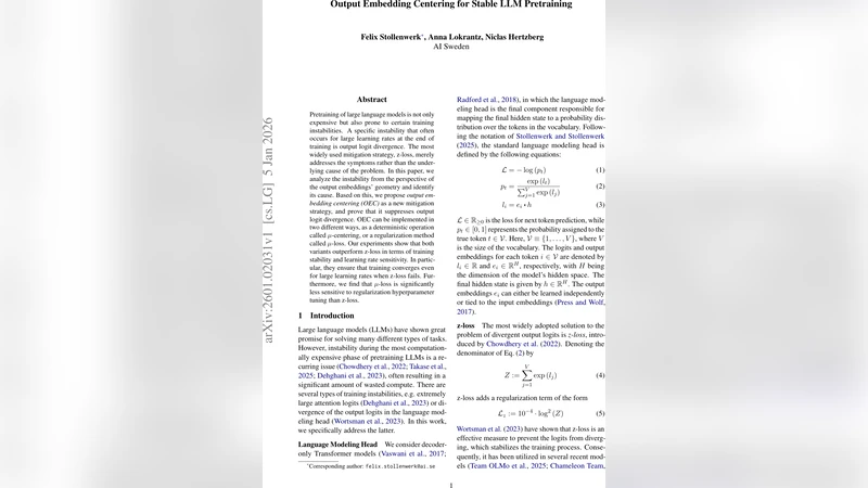 출력 임베딩 중심화로 안정적인 대형 언어 모델 사전학습