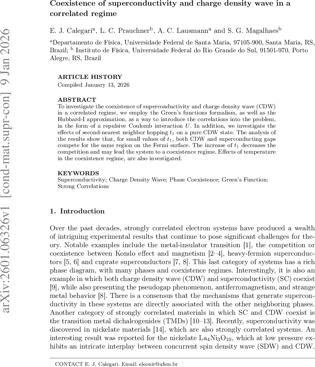 초전도와 전하밀도파의 공존: 상관효과와 2차 이웃점핑의 역할