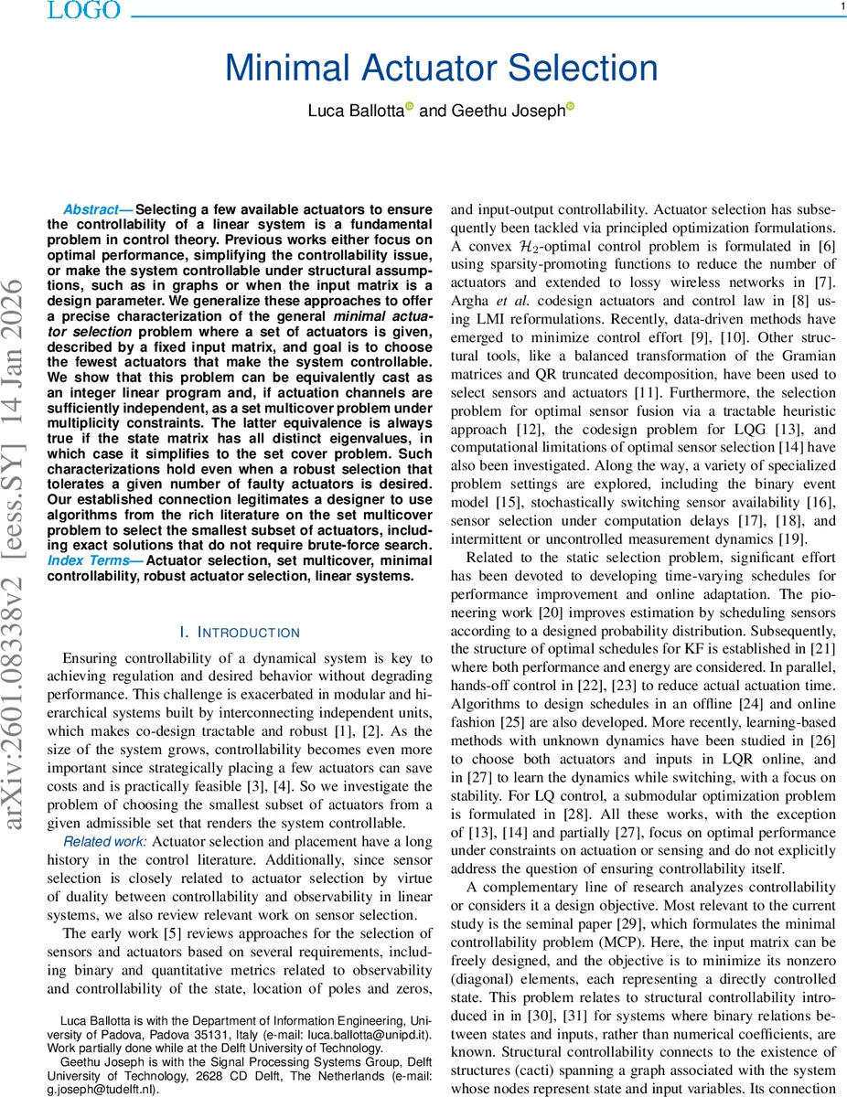 최소 액추에이터 선택 문제의 정수선형 및 집합 다중커버 접근법
