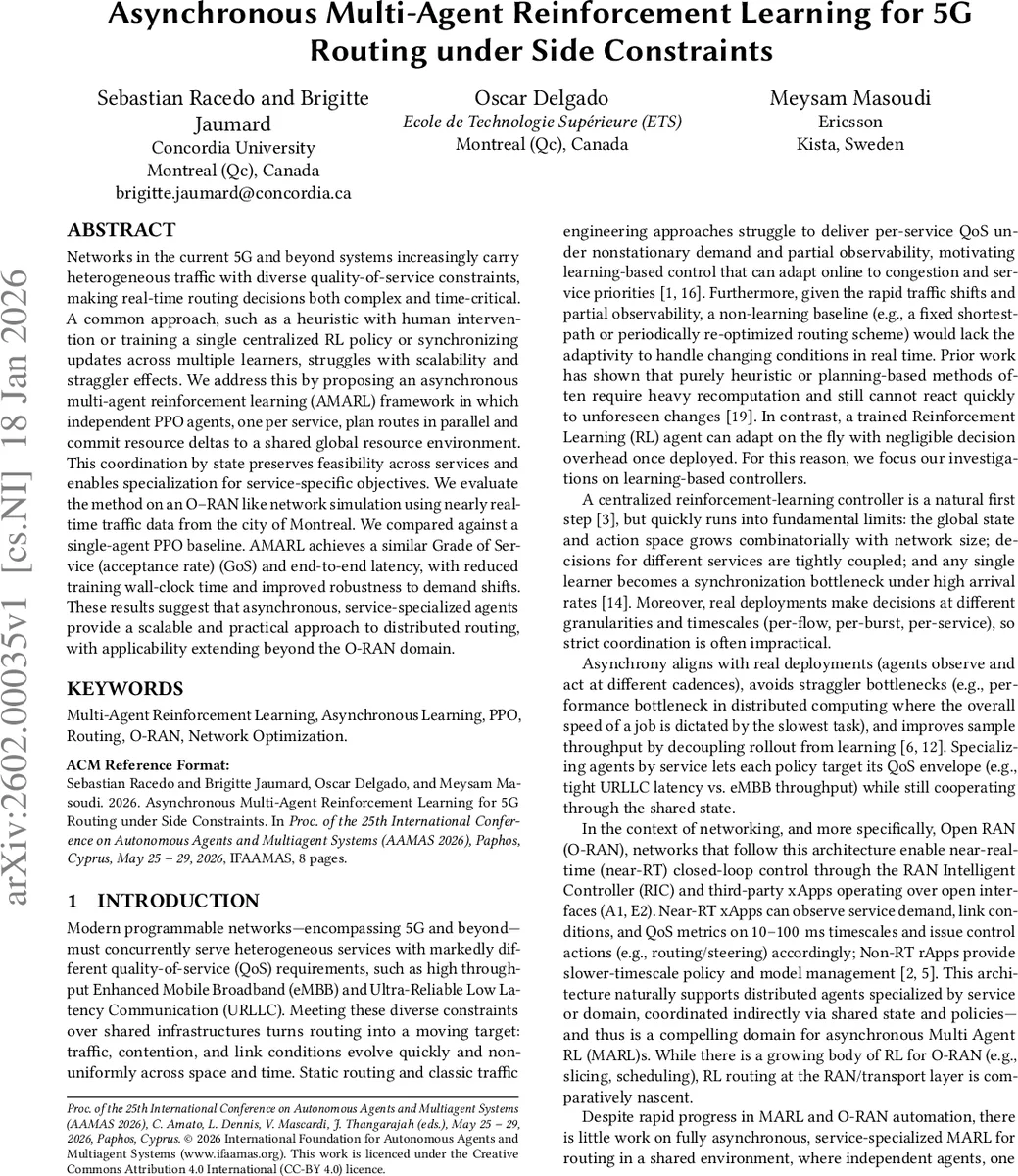 비동기 다중에이전트 강화학습을 이용한 5G 라우팅 최적화