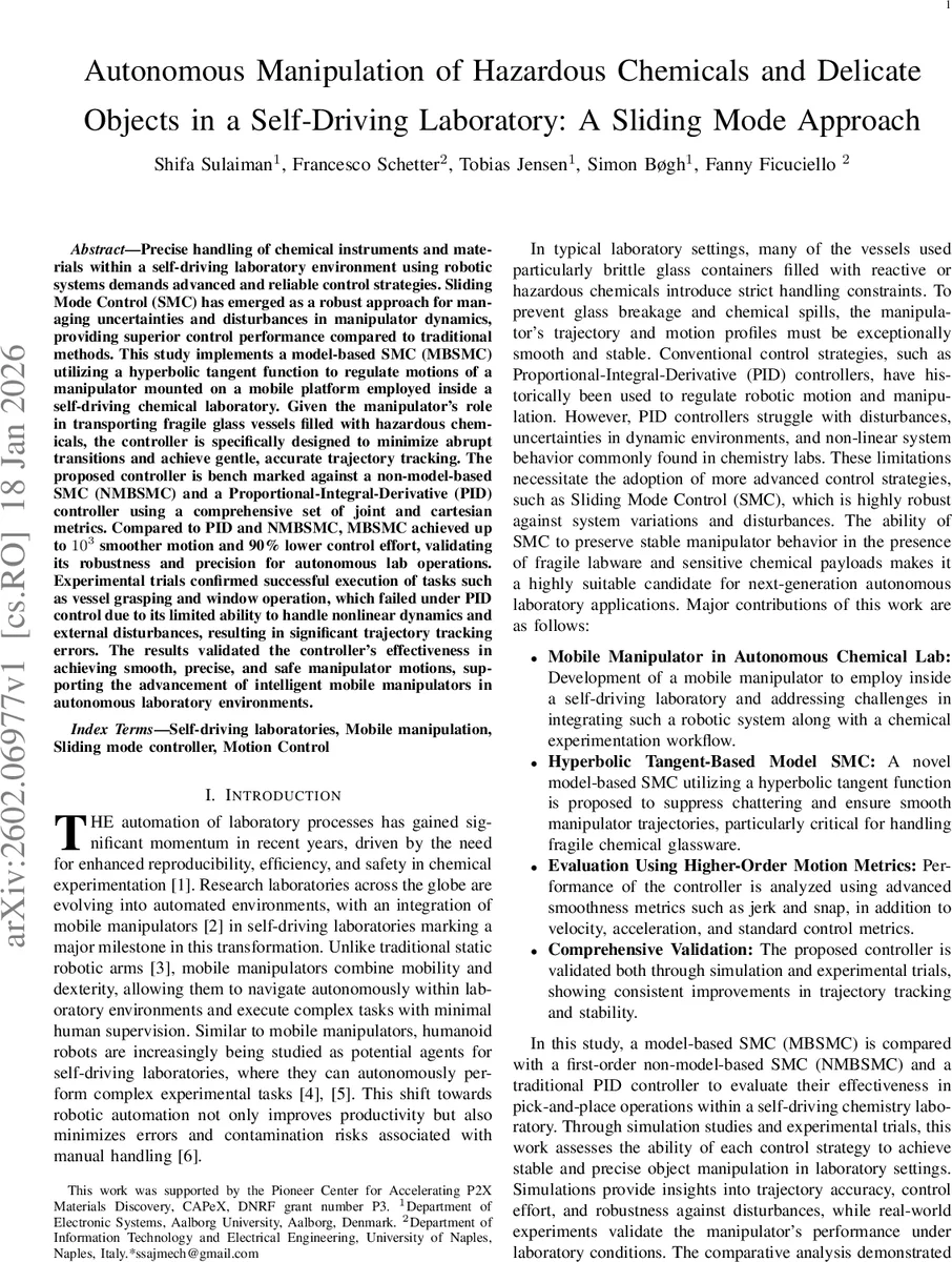 자율 실험실 로봇을 위한 초탄성 슬라이딩 모드 제어: 위험 화학물질과 섬세한 유리 용기의 부드러운 다루기