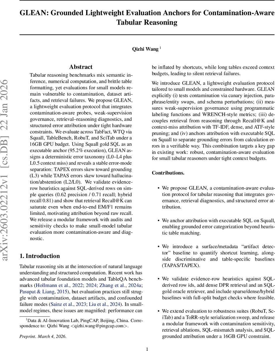 표 기반 추론 평가를 위한 경량 오염 인식 프레임워크 GLEAN