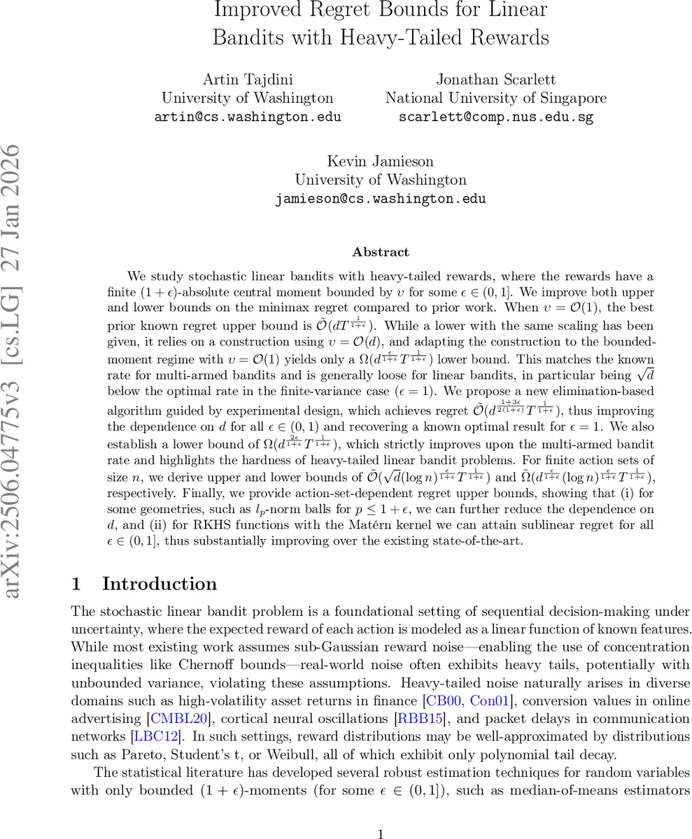 무거운 꼬리 보상 선형 밴드잇의 새로운 최소 후회 한계
