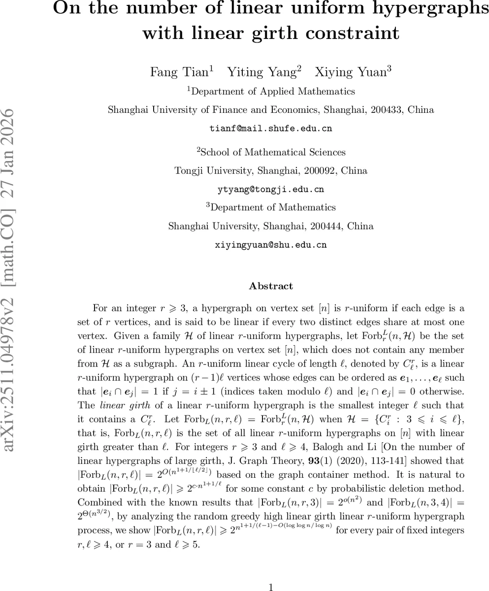 선형 균일 초그래프의 수와 선형 지름 제한에 관한 새로운 하한