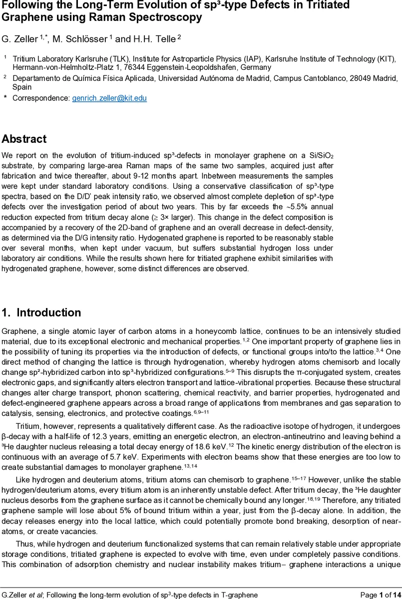트리튬 그래핀의 sp³ 결함 장기 진화와 라만 분광학적 분석