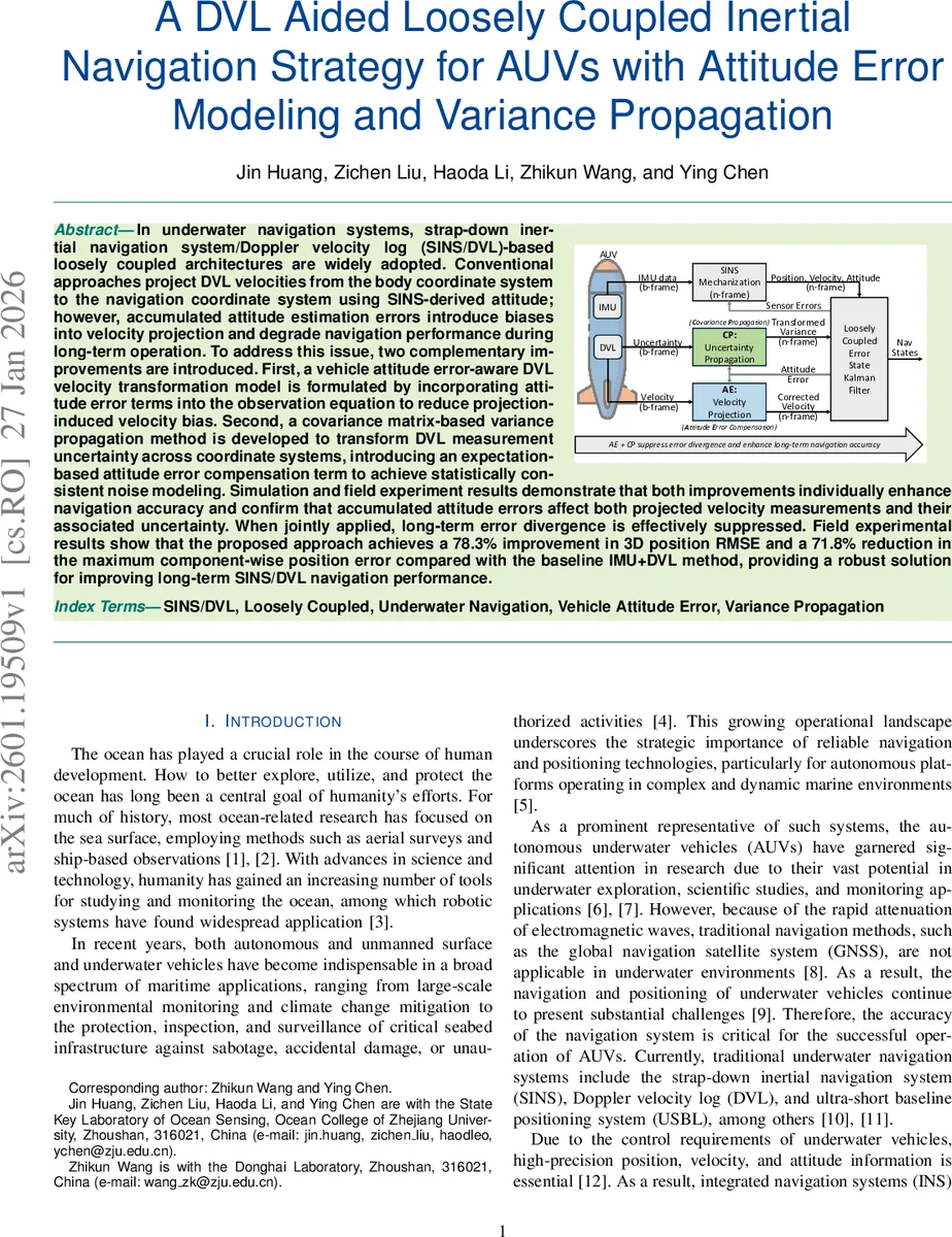 자세오차 인식 DVL 보정과 공분산 전파 기반 장기 안정 AUV 관측 전략