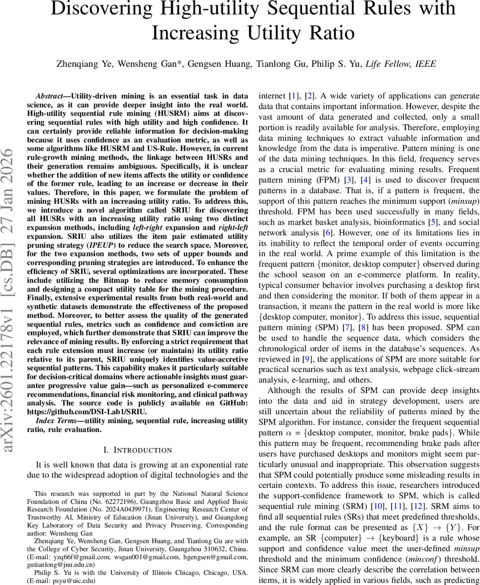 증가하는 효용 비율을 이용한 고효용 연속 규칙 탐색