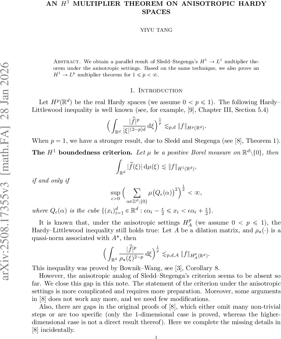 이방성 Hardy 공간에서 H¹ 멀티플라이어 정리와 그 확장