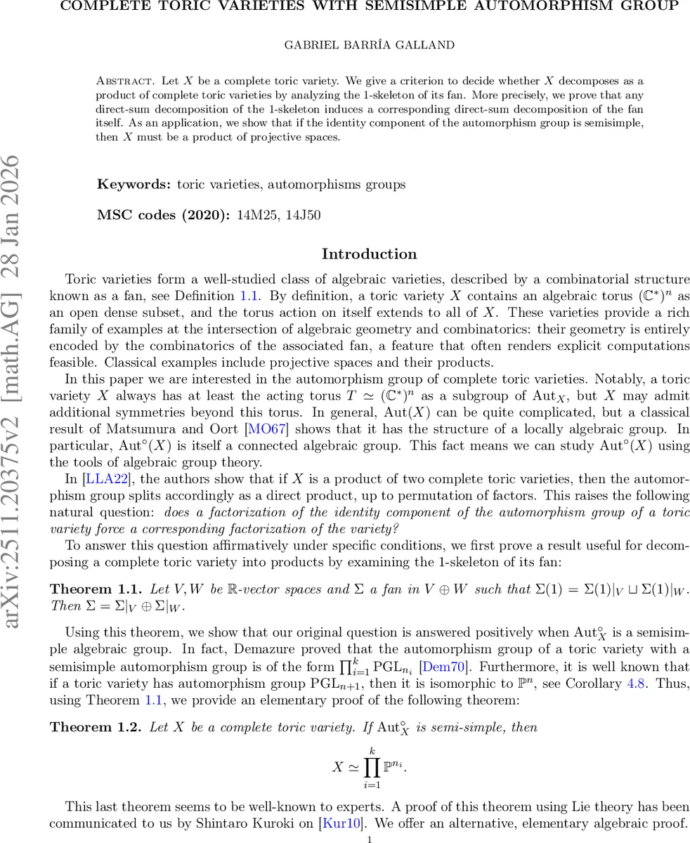 완전 토릭 다양체와 반단순 자동군의 구조적 분해