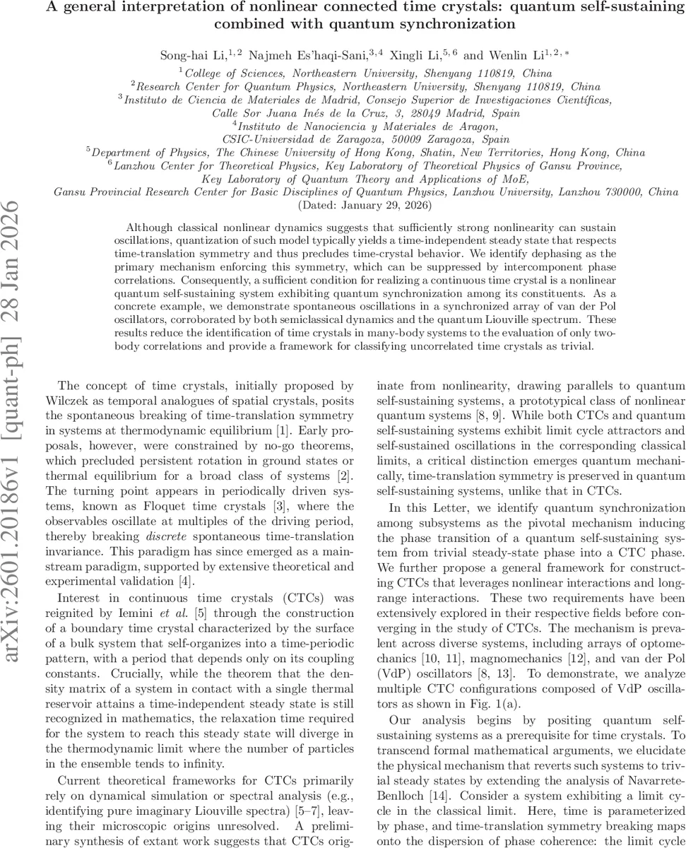 양자 동기화와 자기 지속성으로 구현한 연속 시간 결정체