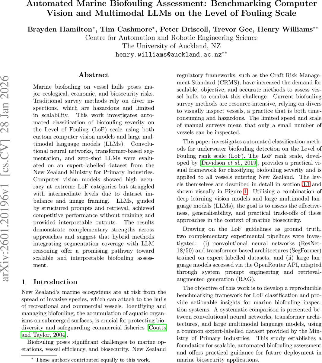자동화된 선체 바이오오염 평가: 컴퓨터 비전·멀티모달 LLM 융합 벤치마크