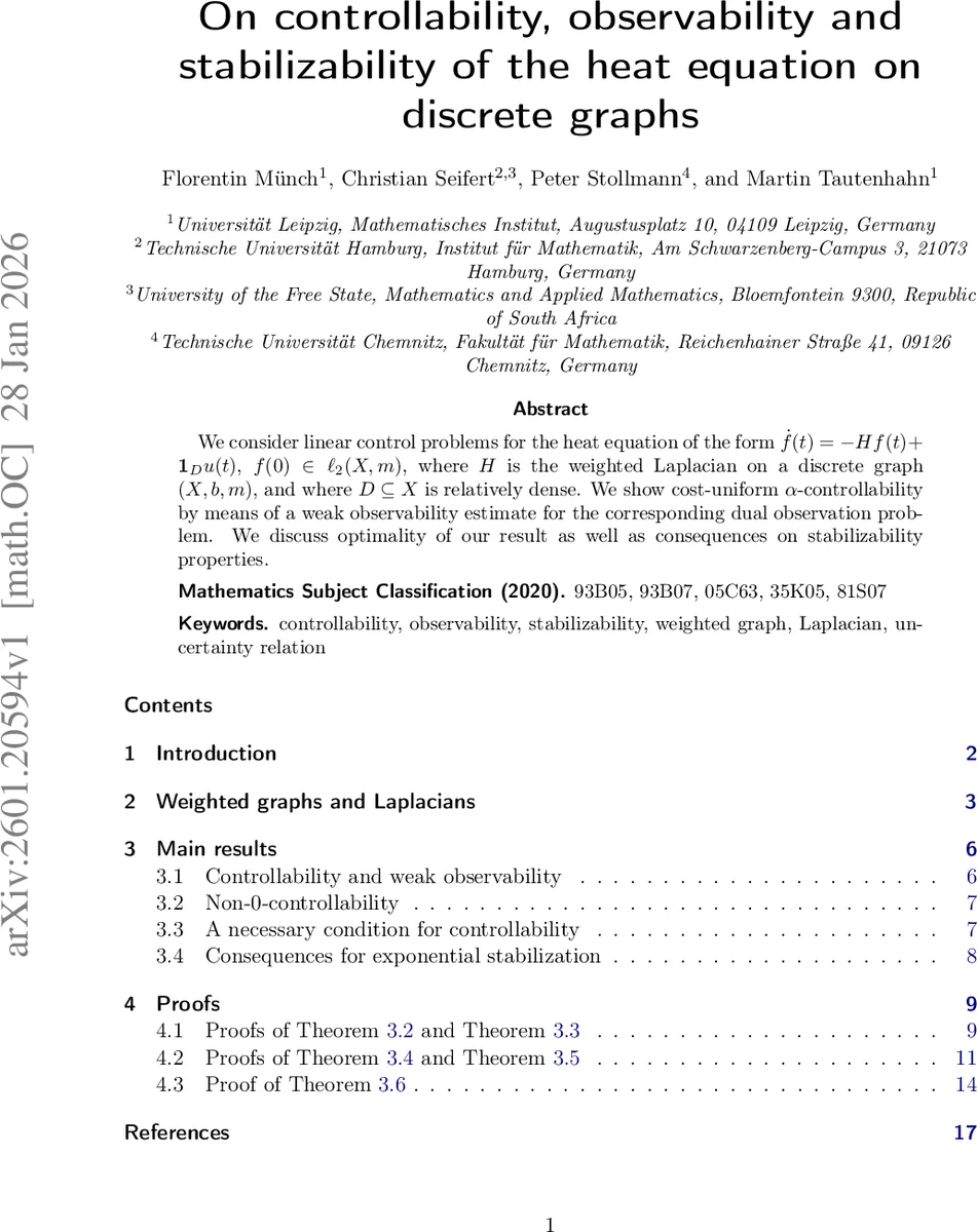 그래프 위 열방정식의 제어·관측·안정성 연구