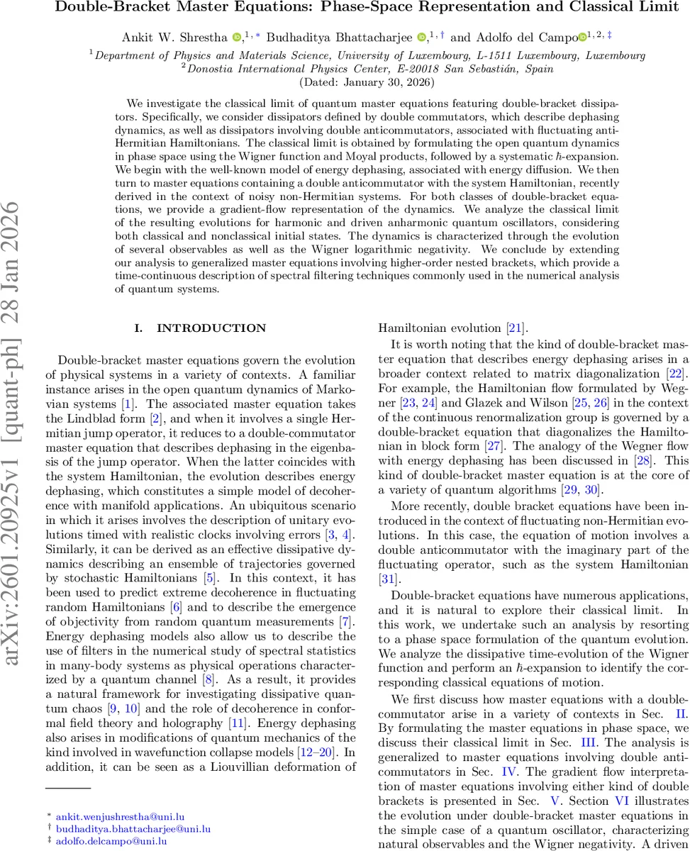 이중 괄호 마스터 방정식의 위상공간 표현과 고전극한