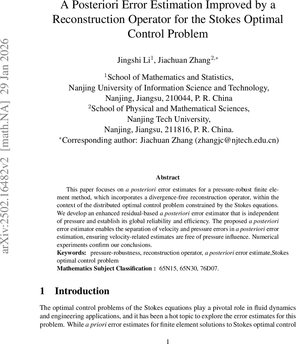 압력 강인 재구성 연산자를 이용한 Stokes 최적 제어 문제의 사후오차 추정 개선