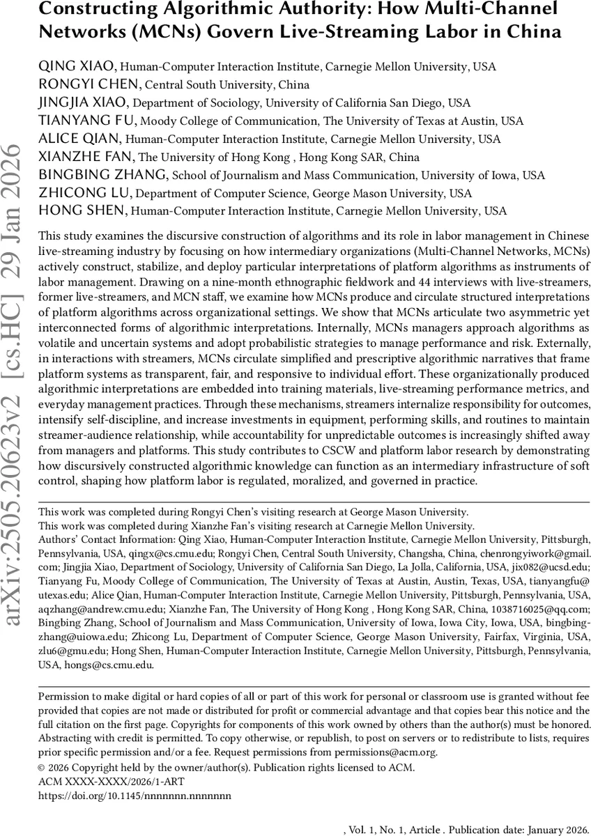 중국 라이브 스트리밍 노동을 지배하는 알고리즘 권위의 구축