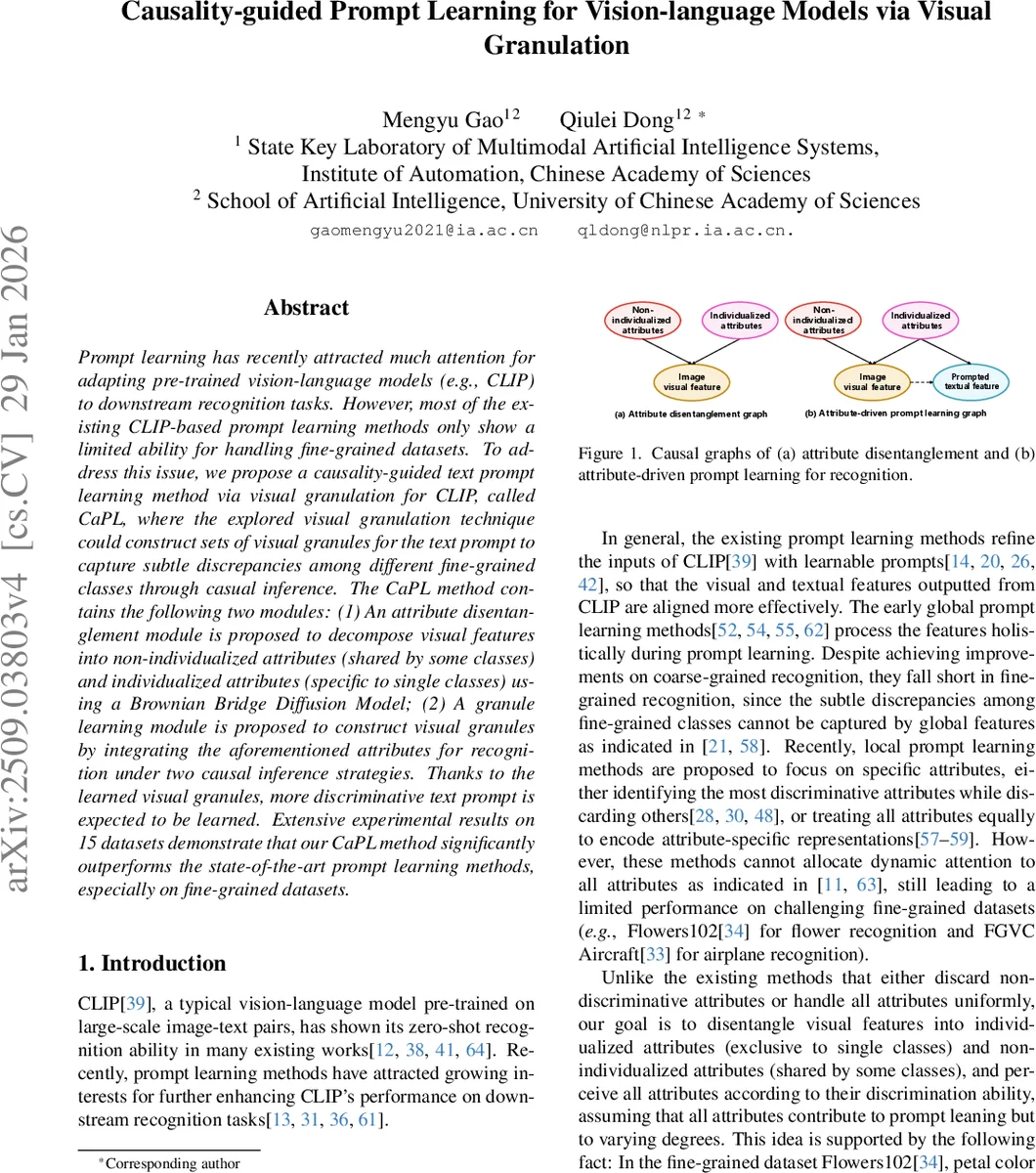 시각‑언어 모델을 위한 인과 기반 프롬프트 학습과 시각 입자화