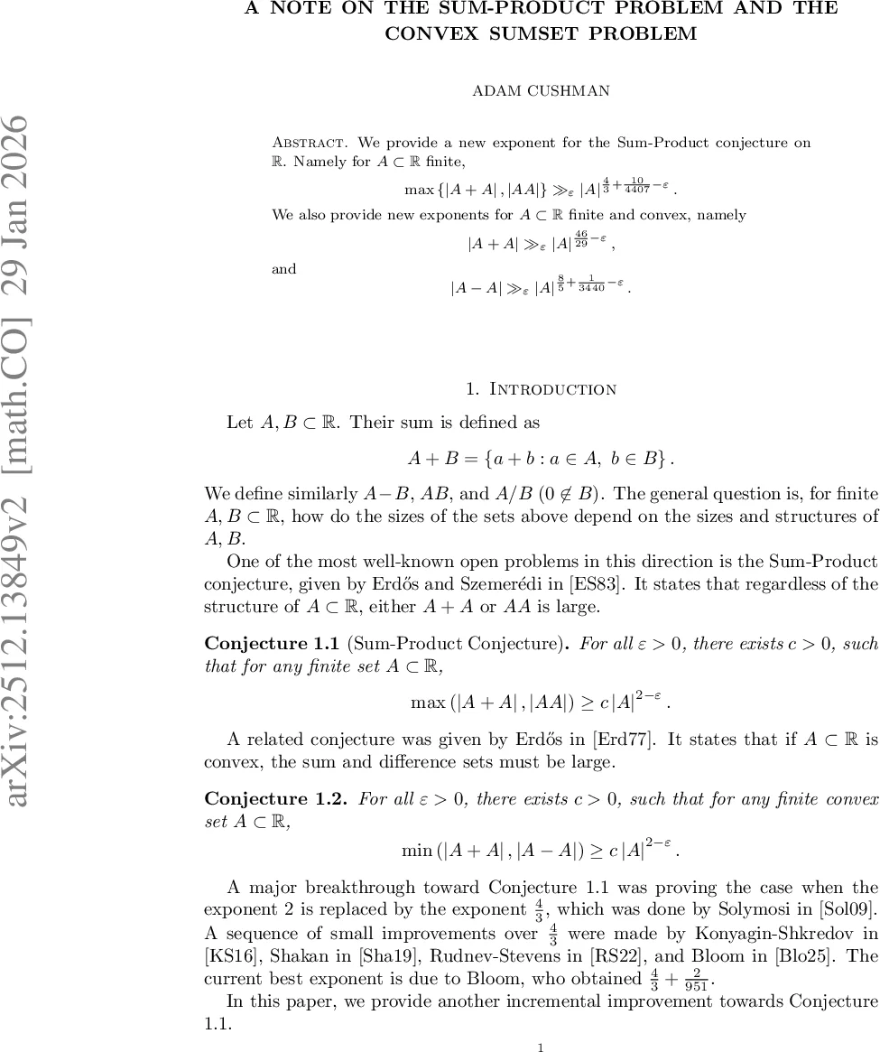 합·곱 문제와 볼록 합집합 문제에 대한 새로운 지수