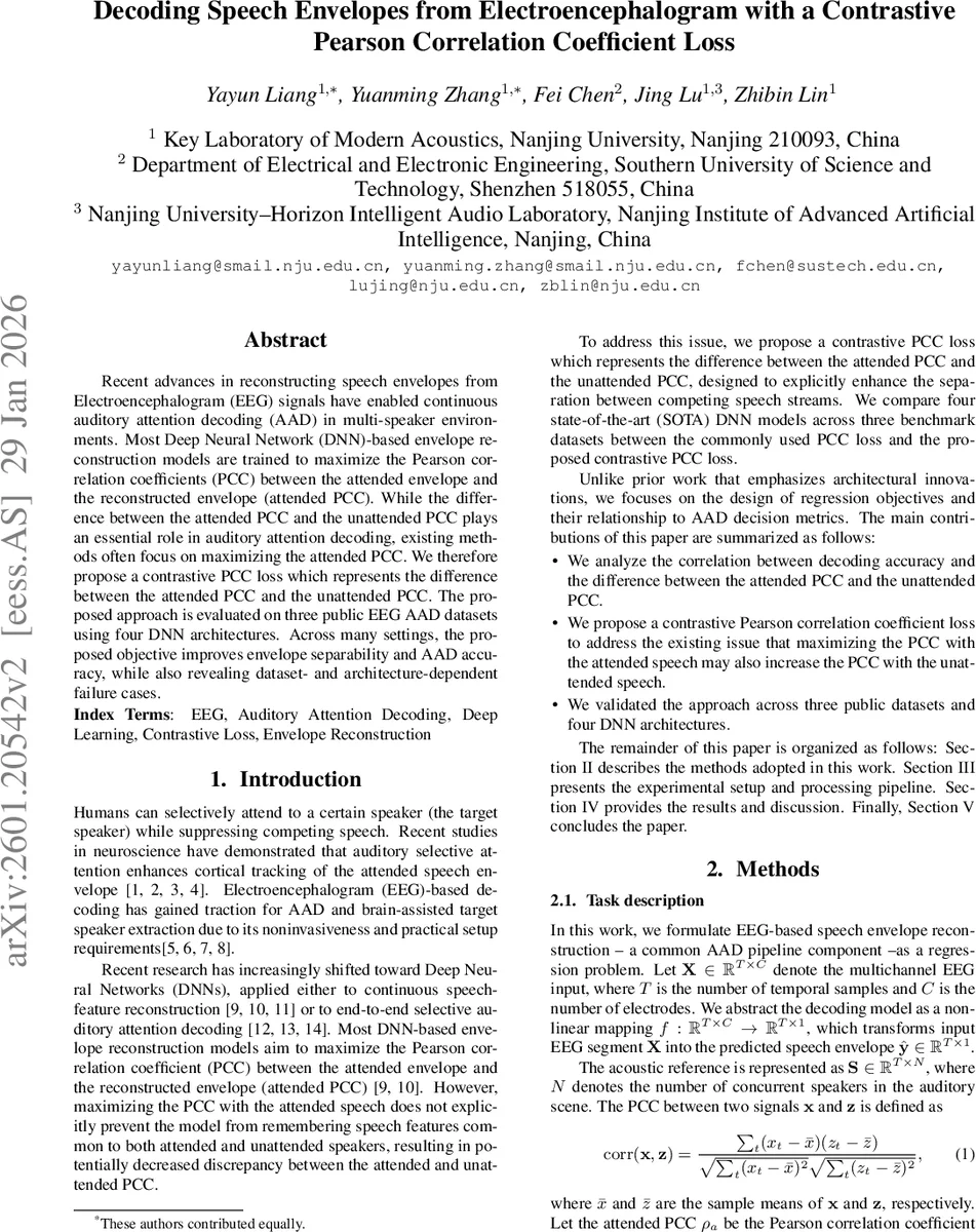 대조 피어슨 상관 손실을 이용한 EEG 말소리 엔벨프 복원