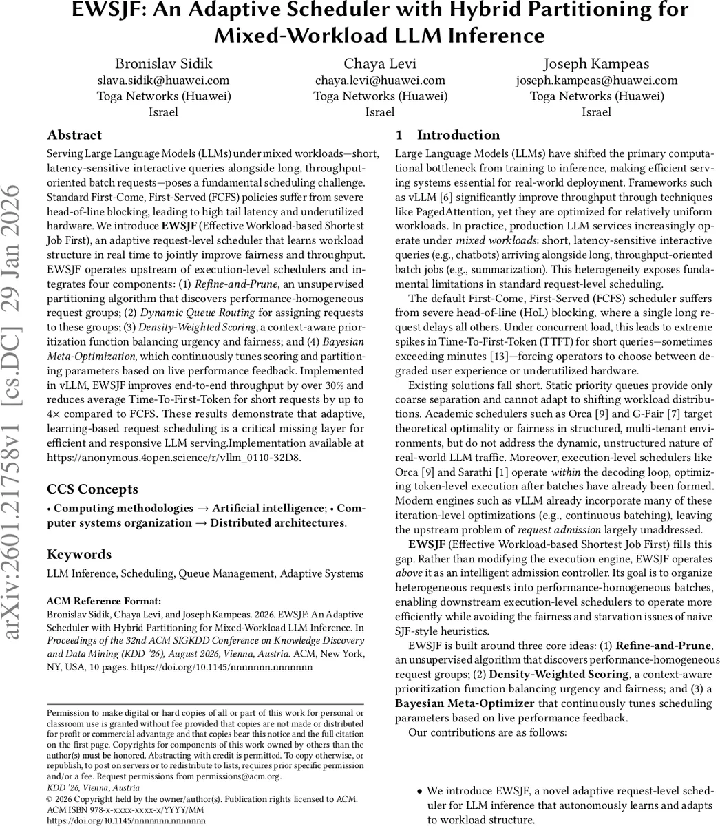 혼합 워크로드 LLM 추론을 위한 적응형 스케줄러 EWSJF