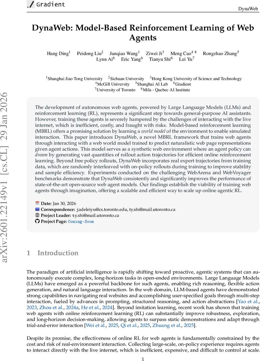 상상으로 배우는 웹 에이전트: DynaWeb 모델 기반 강화학습