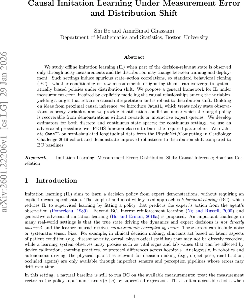 측정오차와 분포변동을 고려한 인과 모방학습