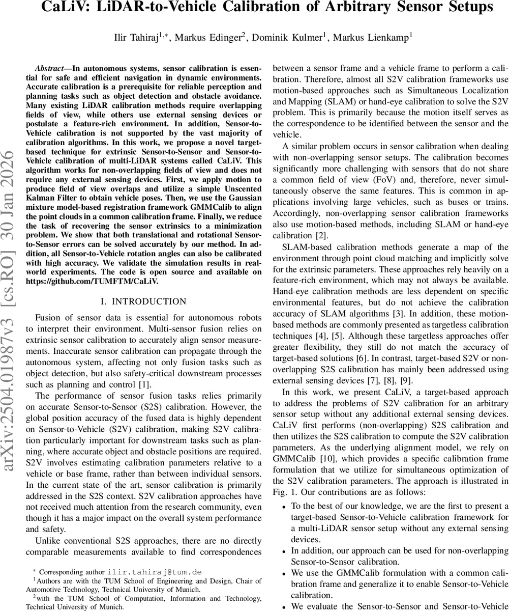 다중 라이다 차량 캘리브레이션을 위한 CaLiV: 비중첩 시야와 외부 장치 없이