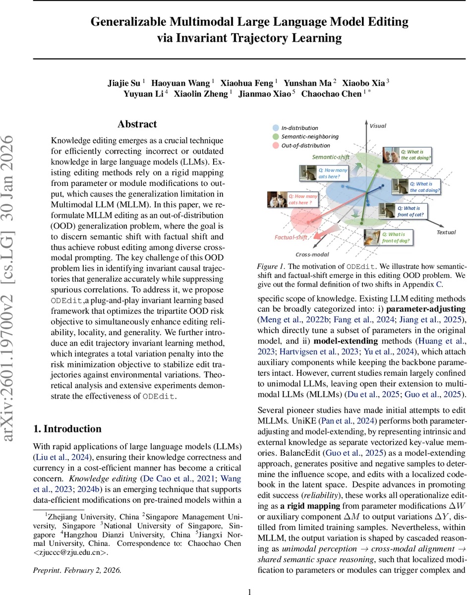 멀티모달 LLM 편집을 위한 불변 궤적 학습 기반 ODEdit 프레임워크