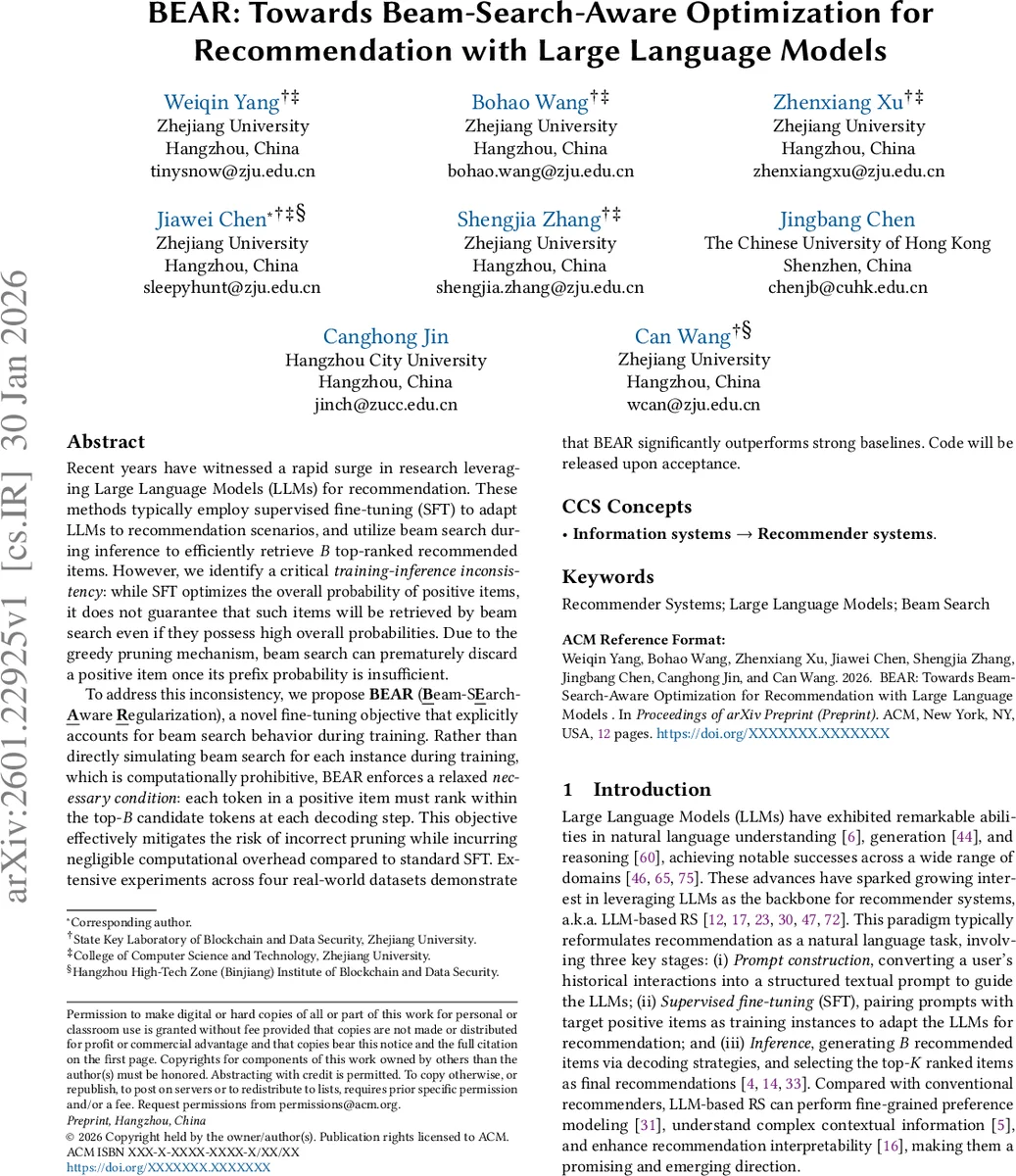 베어: 빔 서치 인식 최적화로 LLM 기반 추천 성능 향상