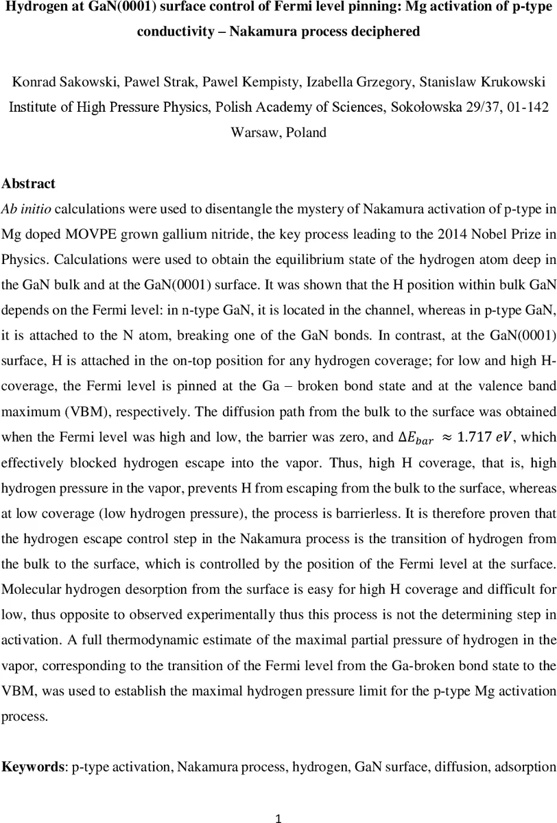 수소가 가우스 질화물(0001) 표면에서 펀칭하는 페르미 레벨과 Mg 도핑 p형 활성화 메커니즘