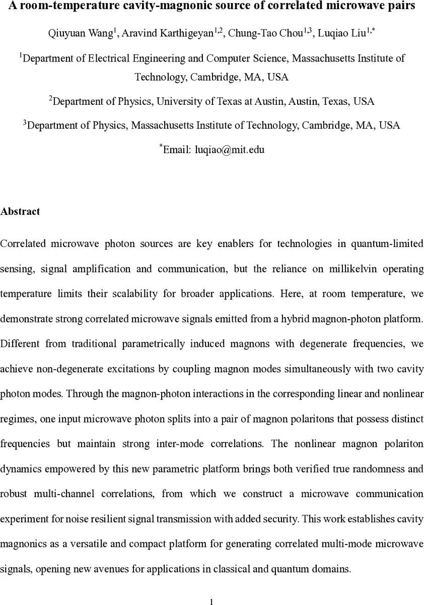 실온에서 구현한 공동 상관 마그노닉 마이크로파 쌍 발생기