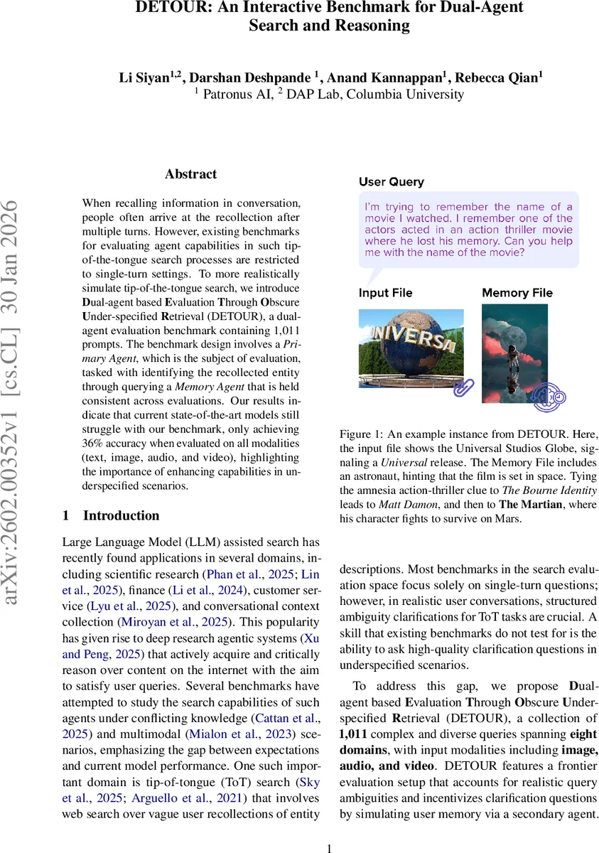 다중턴·다중모달 검색을 위한 인터랙티브 벤치마크 DETOUR