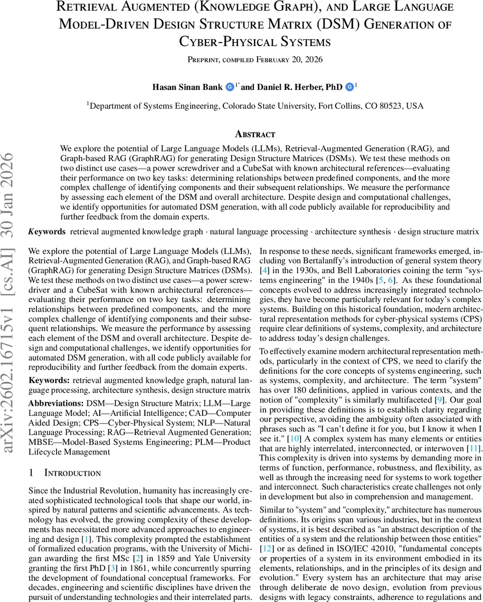 LLM과 그래프 기반 RAG를 활용한 사이버 물리 시스템 DSM 자동 생성