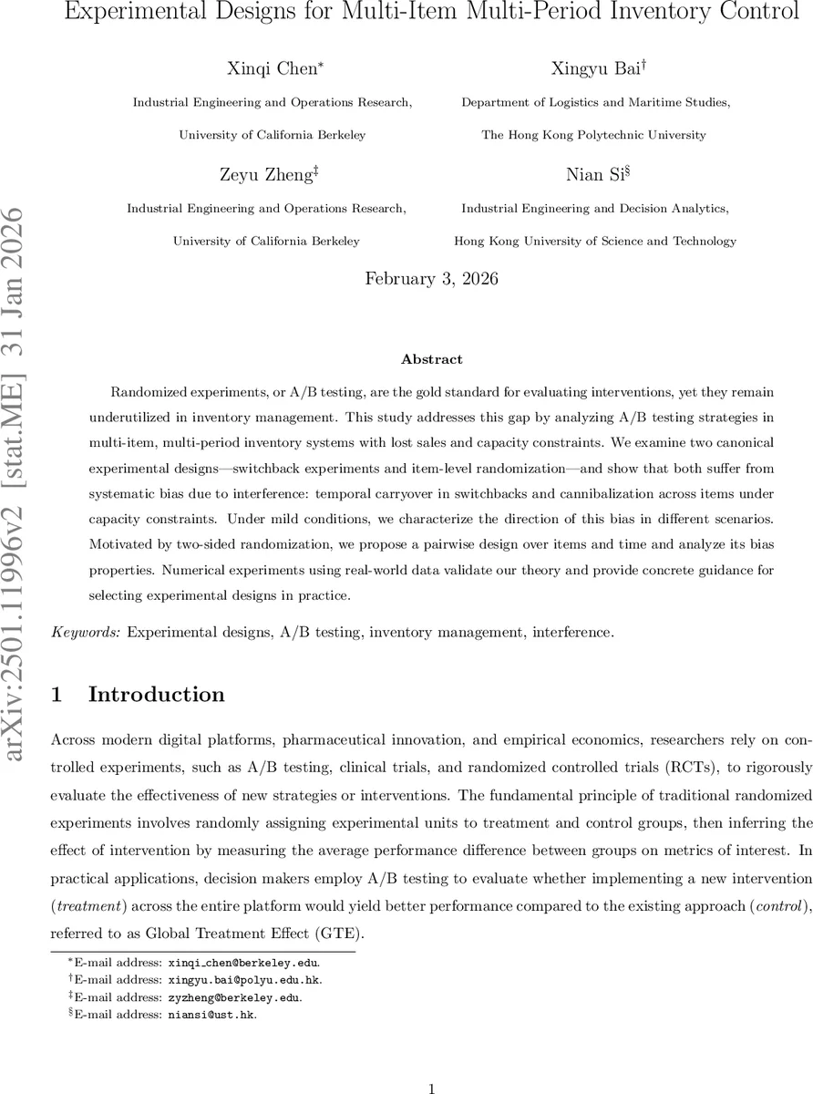 다품목 다기간 재고 관리 실험 설계와 편향 분석
