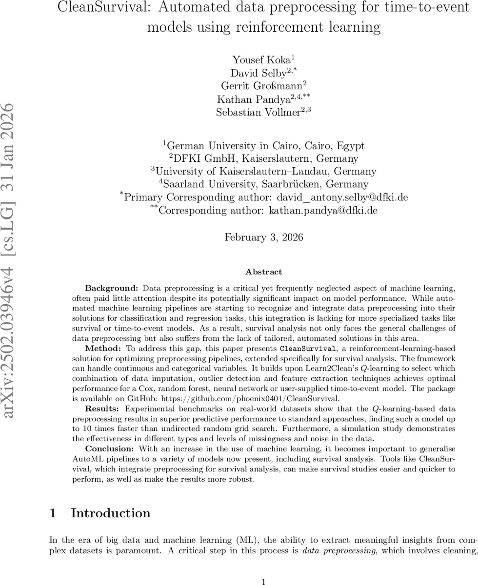 자동생존분석을 위한 강화학습 기반 데이터 전처리 자동화 프레임워크 CleanSurvival