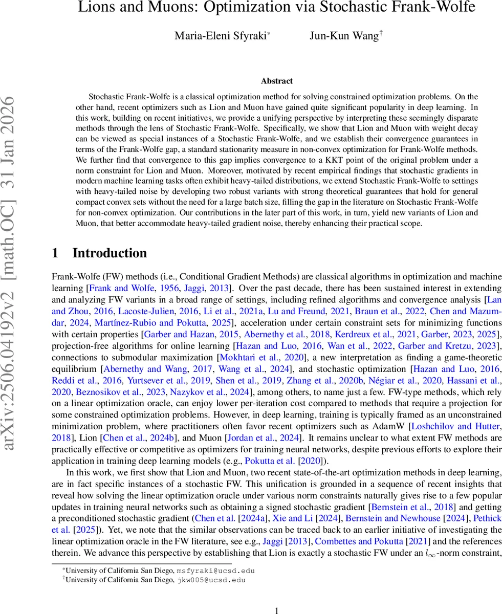 라이온·뮤온을 활용한 확률적 프랭크‑와플 최적화 통합
