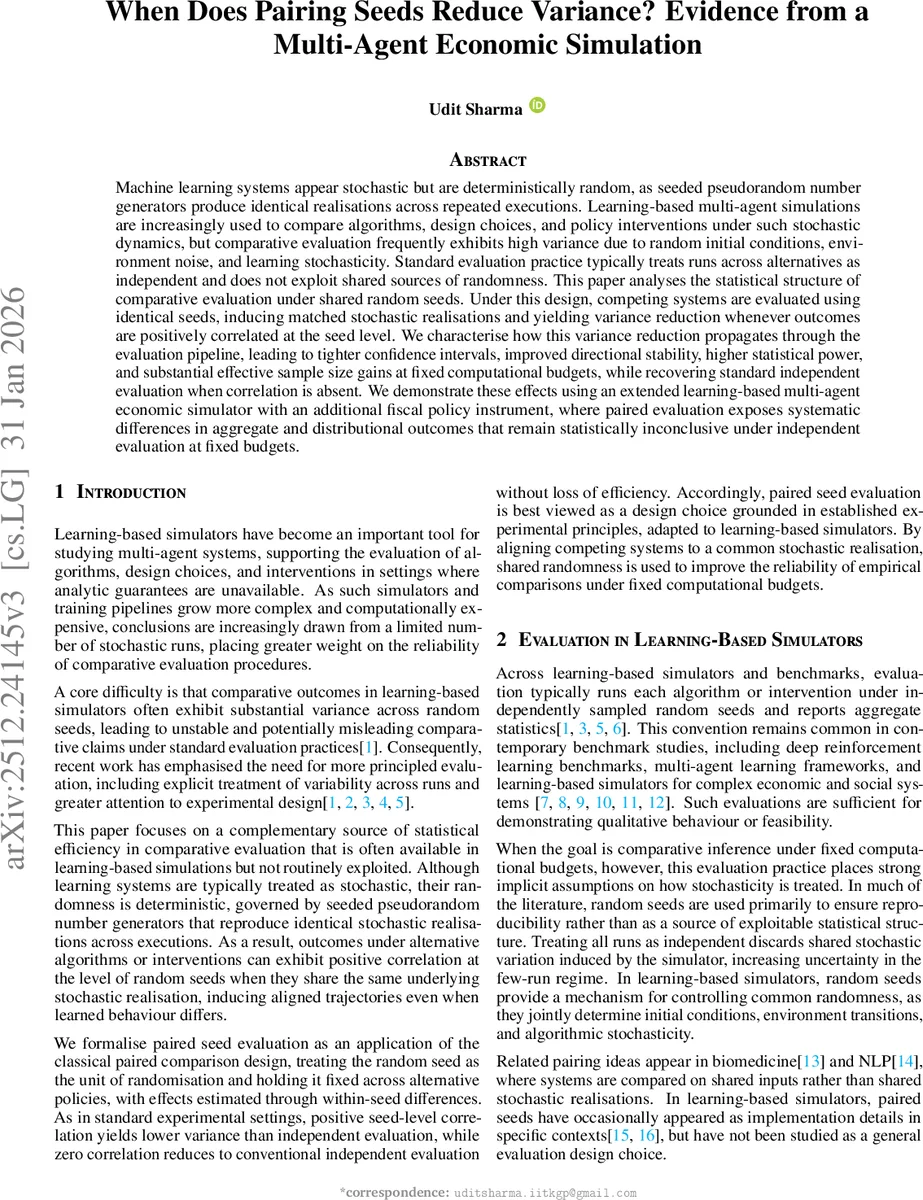 시드 페어링으로 변동성 감소: 다중 에이전트 경제 시뮬레이션 사례