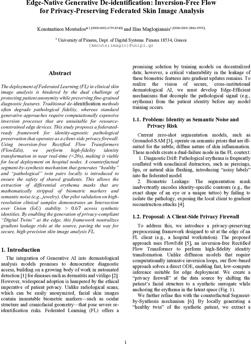 에지‑네이티브 생성형 탈식별: 역전‑무료 흐름으로 프라이버시 보호 연합 피부 이미지 분석