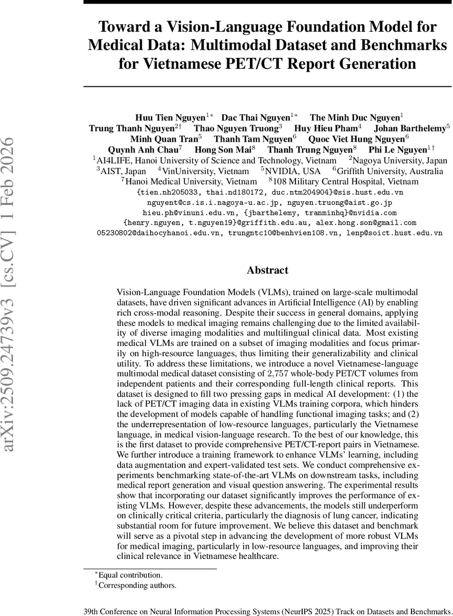 베트남어 PET/CT 보고서 생성을 위한 비전‑언어 기반 모델 데이터셋 및 벤치마크