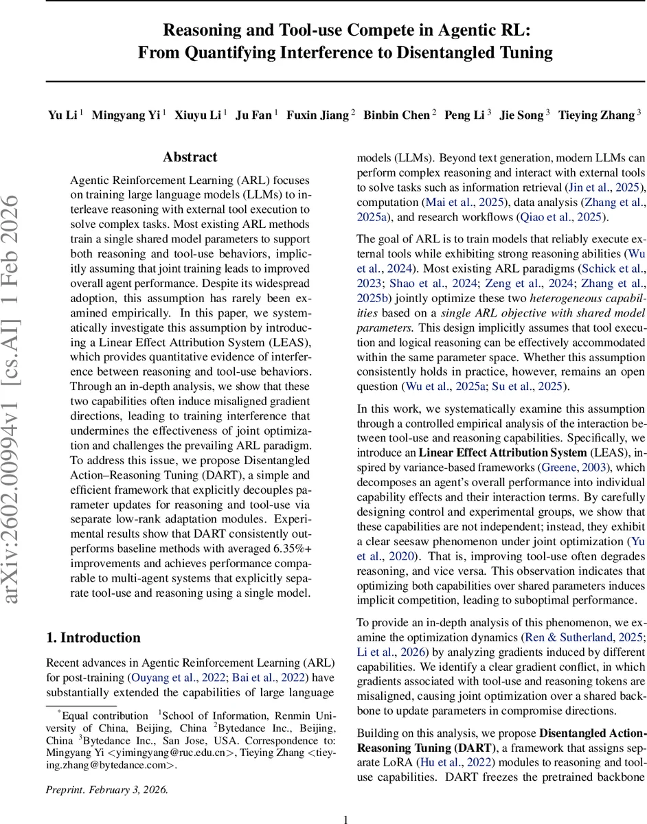 툴 사용과 추론이 경쟁한다: 선형 효과 분석과 분리 튜닝