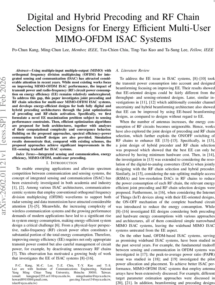 다중사용자 MIMO OFDM ISAC 시스템을 위한 디지털 및 하이브리드 프리코딩과 RF 체인 선택 설계