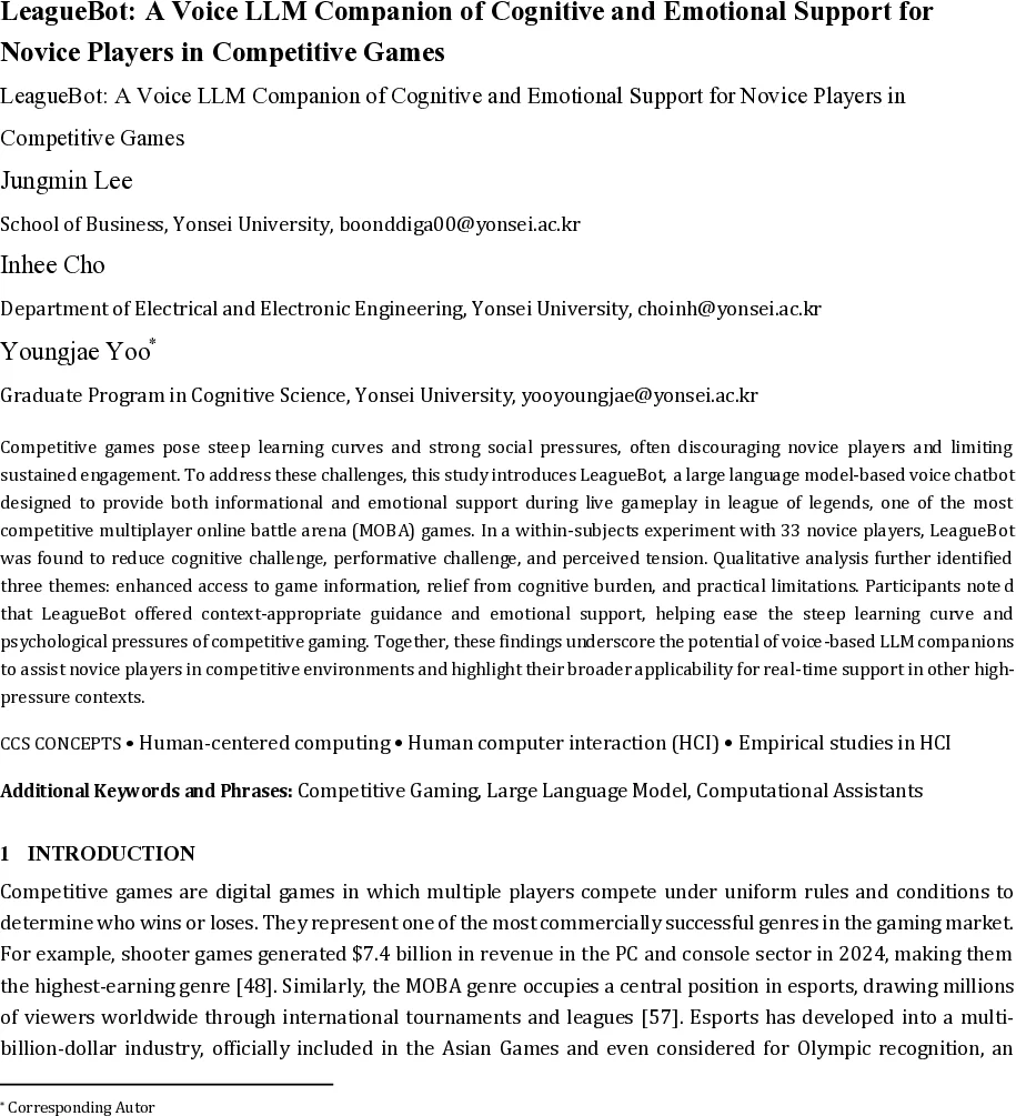 초보자를 위한 음성 LLM 동반자 LeagueBot: 경쟁 게임에서 인지·감정 지원