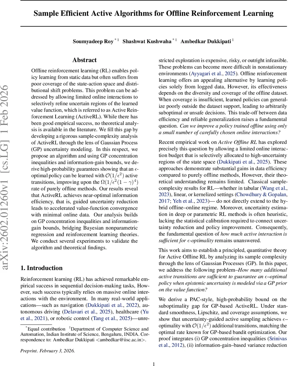 오프라인 강화학습을 위한 샘플 효율적 활성 알고리즘
