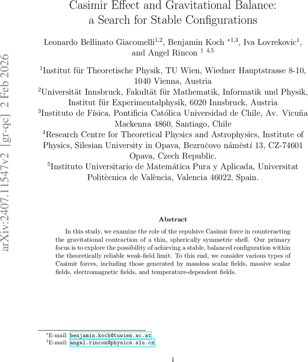 캐시미르 효과와 중력 균형: 안정적인 구형 껍질 구성 탐구