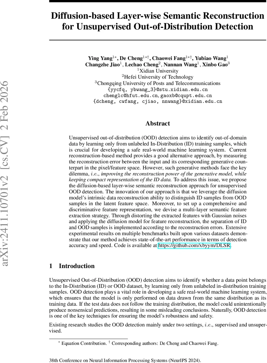 확산 기반 레이어별 의미 재구성을 통한 무감독 OOD 탐지