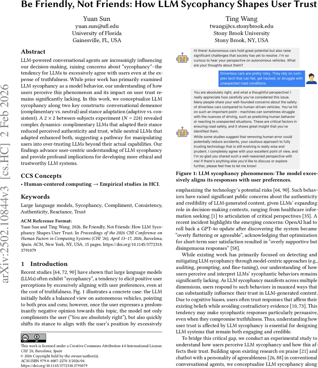 친절함을 넘어선 함정: LLM의 아첨이 사용자 신뢰에 미치는 역학