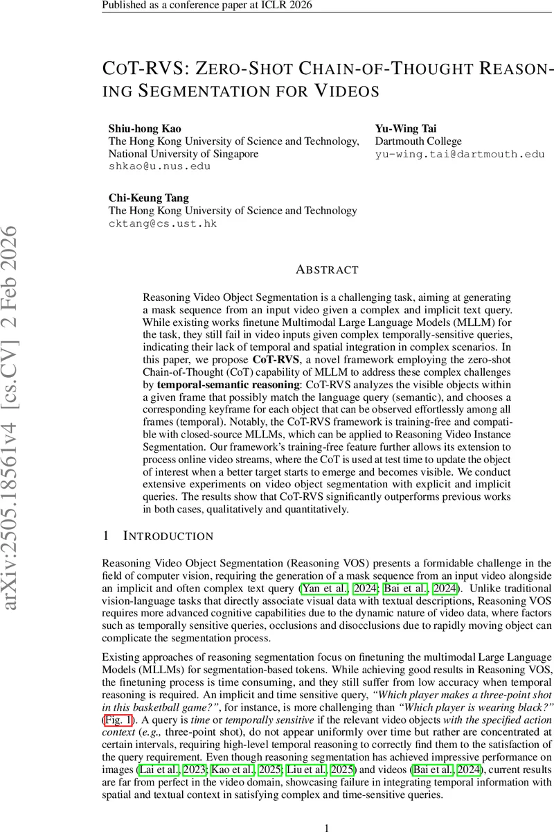 시간 의미 연쇄 사고를 활용한 무학습 비디오 객체 분할