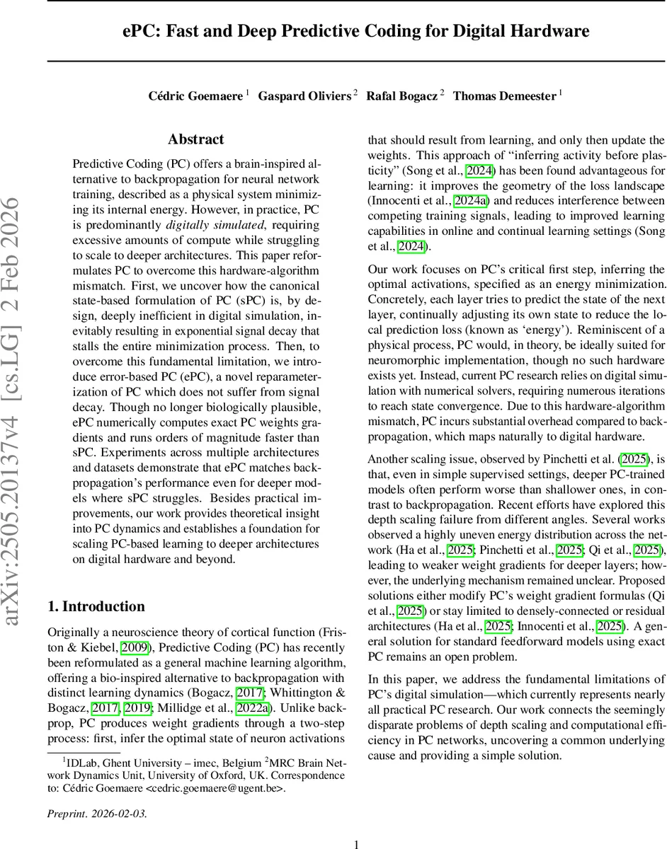 디지털 하드웨어를 위한 빠르고 깊은 예측 코딩 ePC