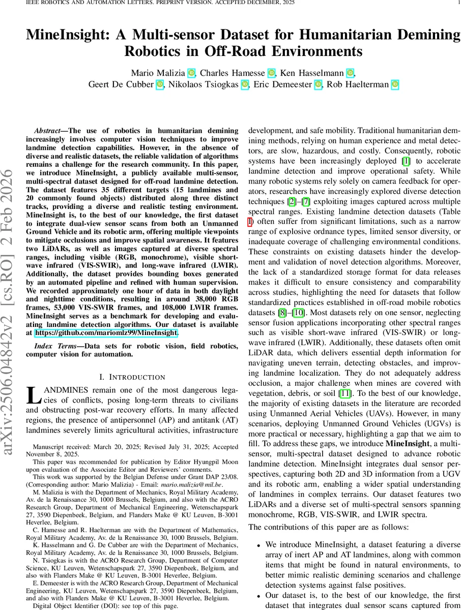 인도주의 지뢰 제거 로봇을 위한 다중 센서 데이터셋 MineInsight