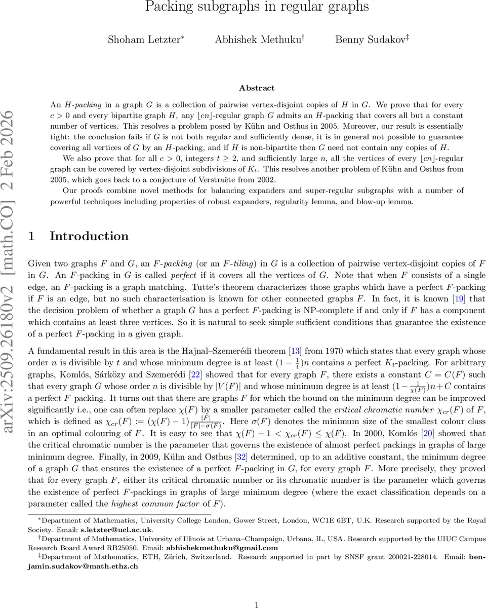 정규 그래프에서의 부분그래프 포장과 완전 서브디비전 포장