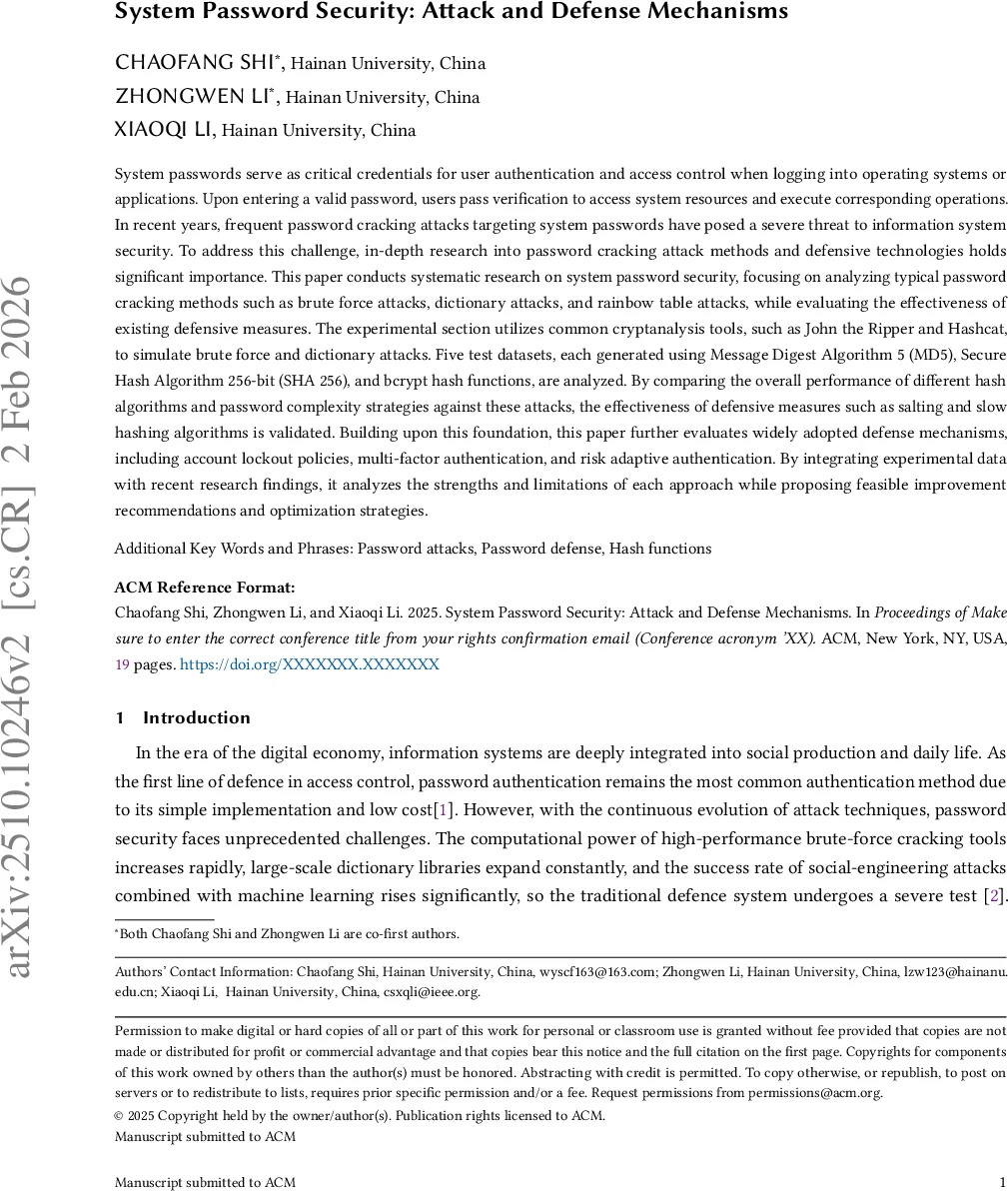 시스템 비밀번호 보안: 공격·방어 메커니즘 종합 분석